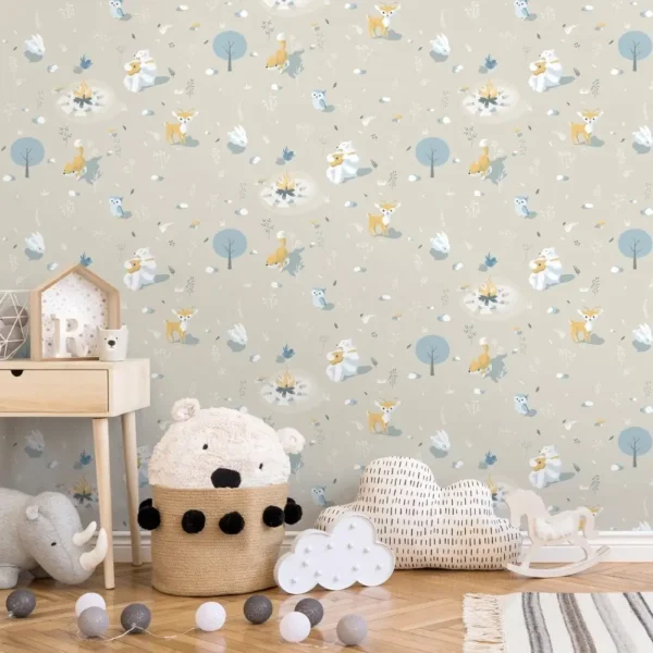 Muriva Animals Campfire Fox Rabbit Bird Bear Wallpaper Kids