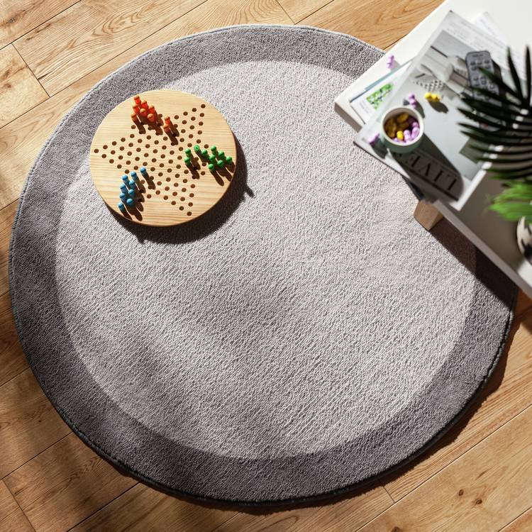 Home Plain Border Round Grey Cut Pile Rug