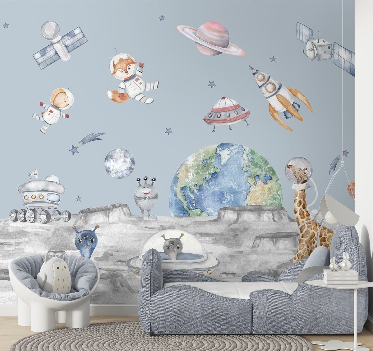 Lets go on a moon walk, Cute kids room wallpaper, Blue - Image 3
