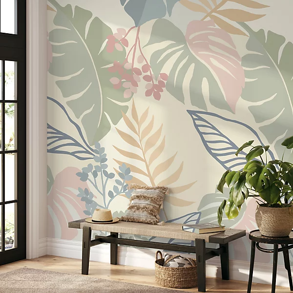 GDUK Abstract Pastel Leaf 3 lane Repeatable Wallpaper Mural,